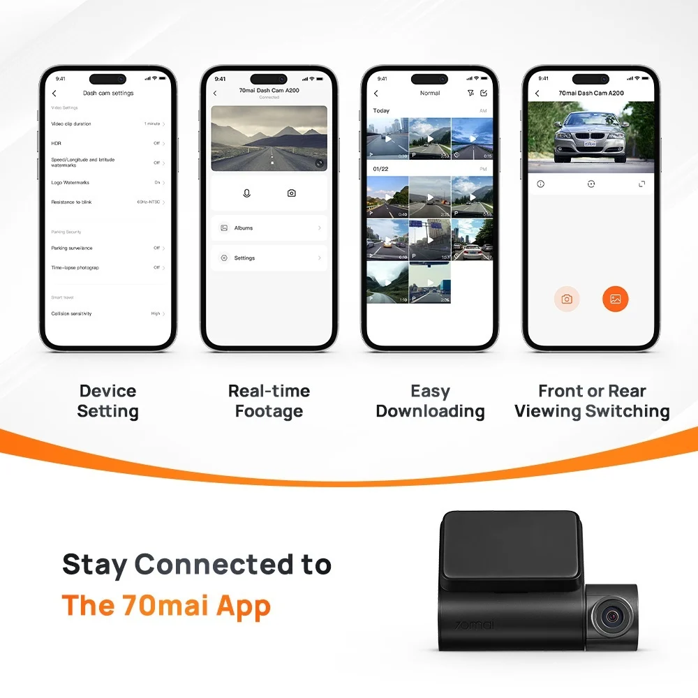 Four 70mai app screens showing device settings, real-time footage, clip downloads, and front-or-rear viewing, alongside the 70mai A810 Lite front and rear cameras.